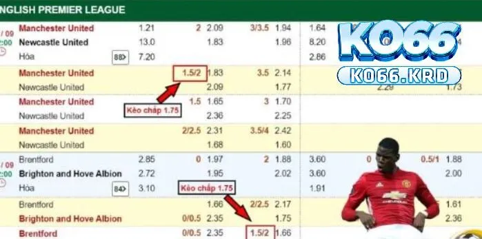 Kèo Chấp 1.75 Cùng Tìm Hiểu Về Cách Đặt Cược Tại KO66 3 Bảng tỷ lệ cá cược thể hiện kèo chấp 1.75 trái cho trận đấu